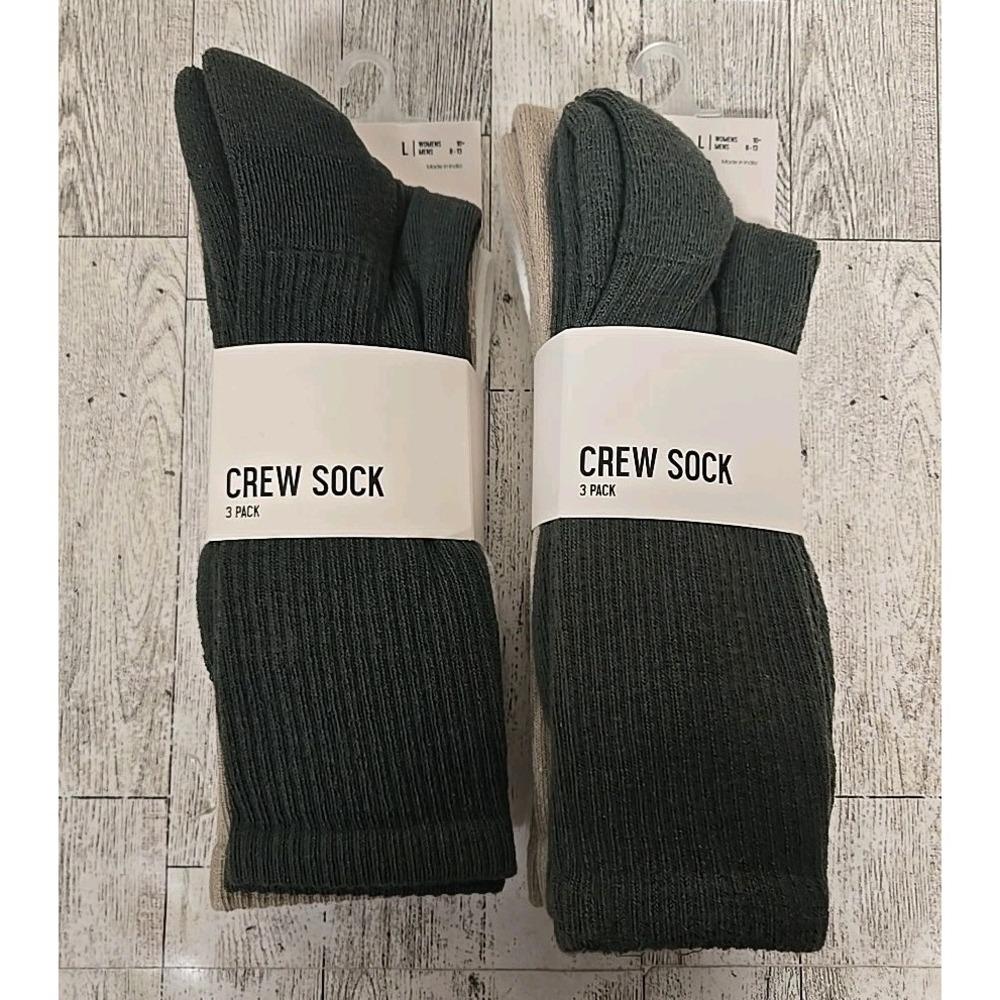 Crew Socks LARGE Unisex Arch Support 3pk Cushioned Green Tan White Lot of 2